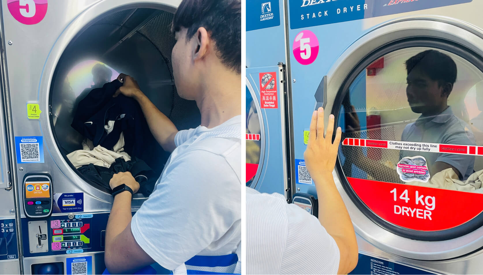 Customer loading the washed laundry in the Dexter dryer drum