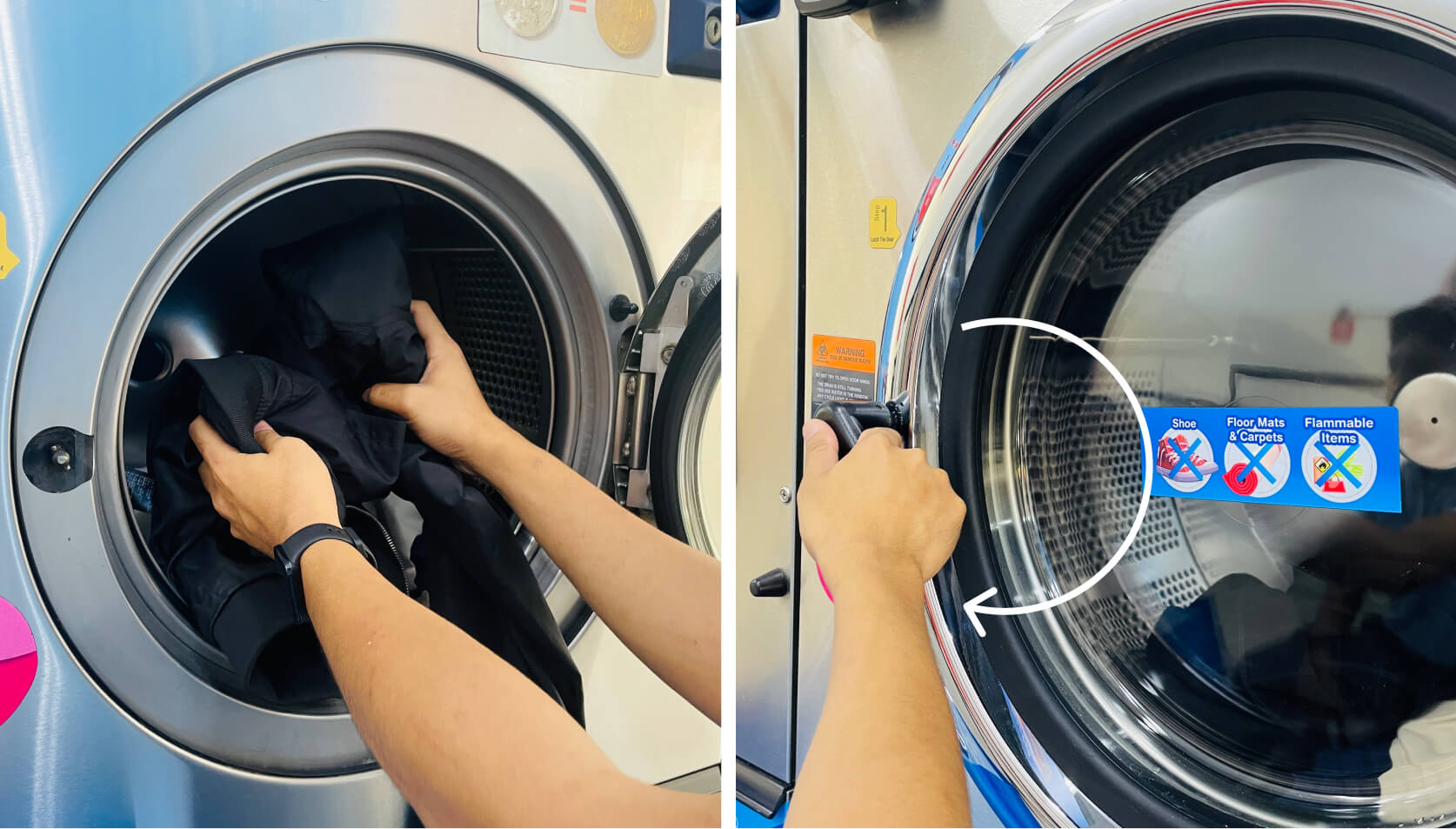 Cleanpro customer loading laundry and securely close the washer door using Dexter