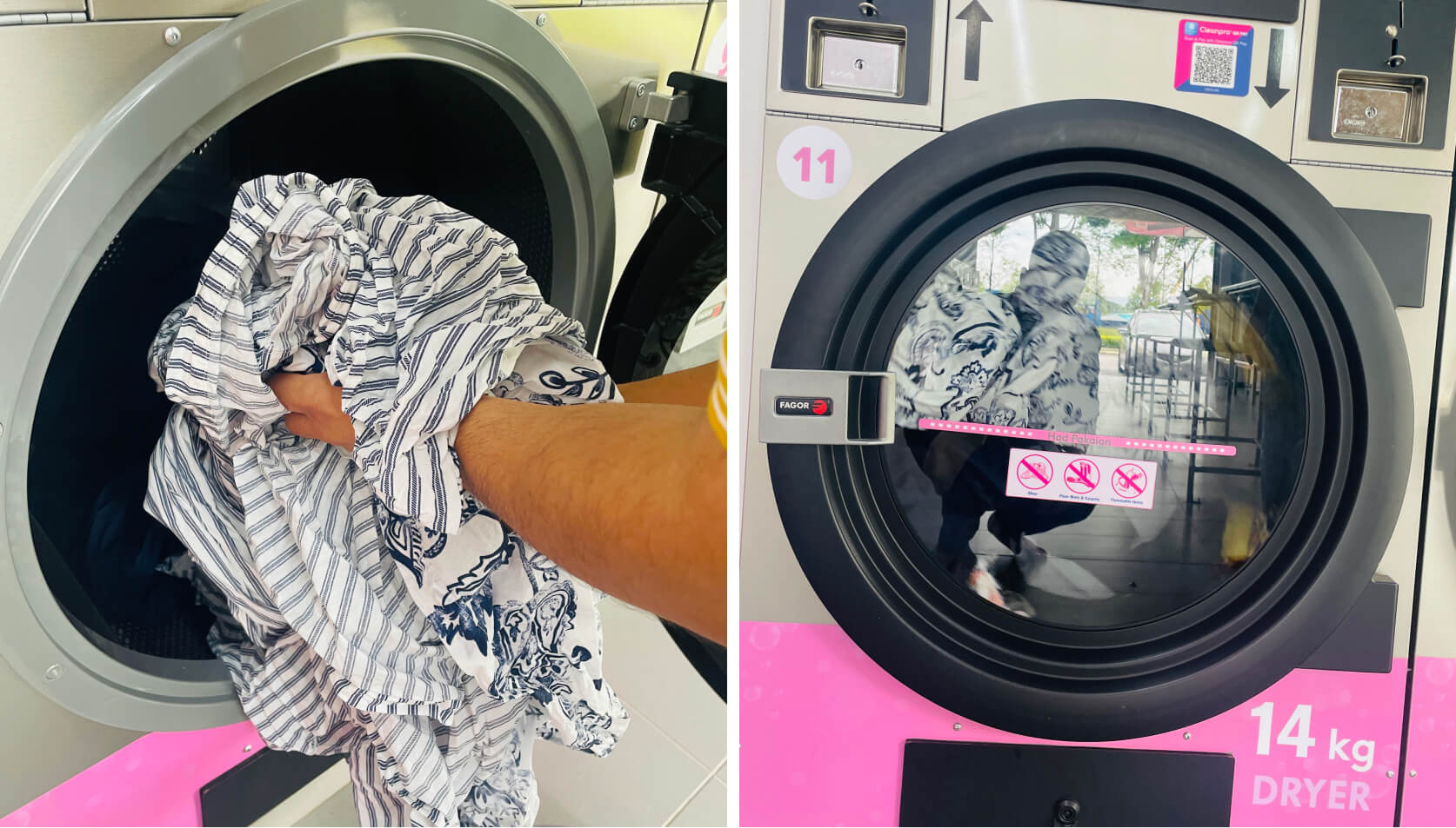 Customer loading the washed laundry in the Fagor dryer drum